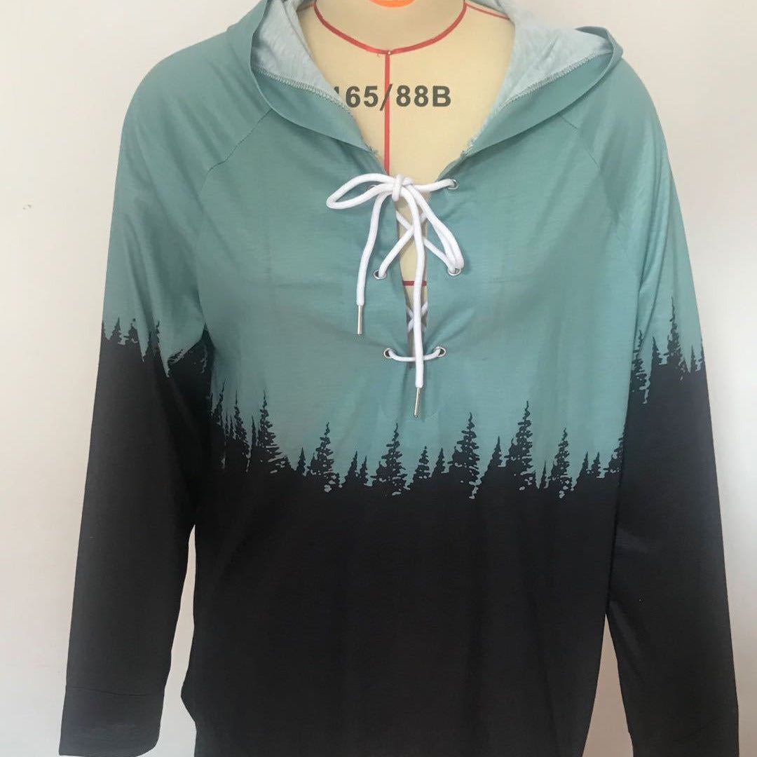 Sweat à capuche pour femmes avec imprimé forêt, détail de lacet et manches raglan Echo Archive