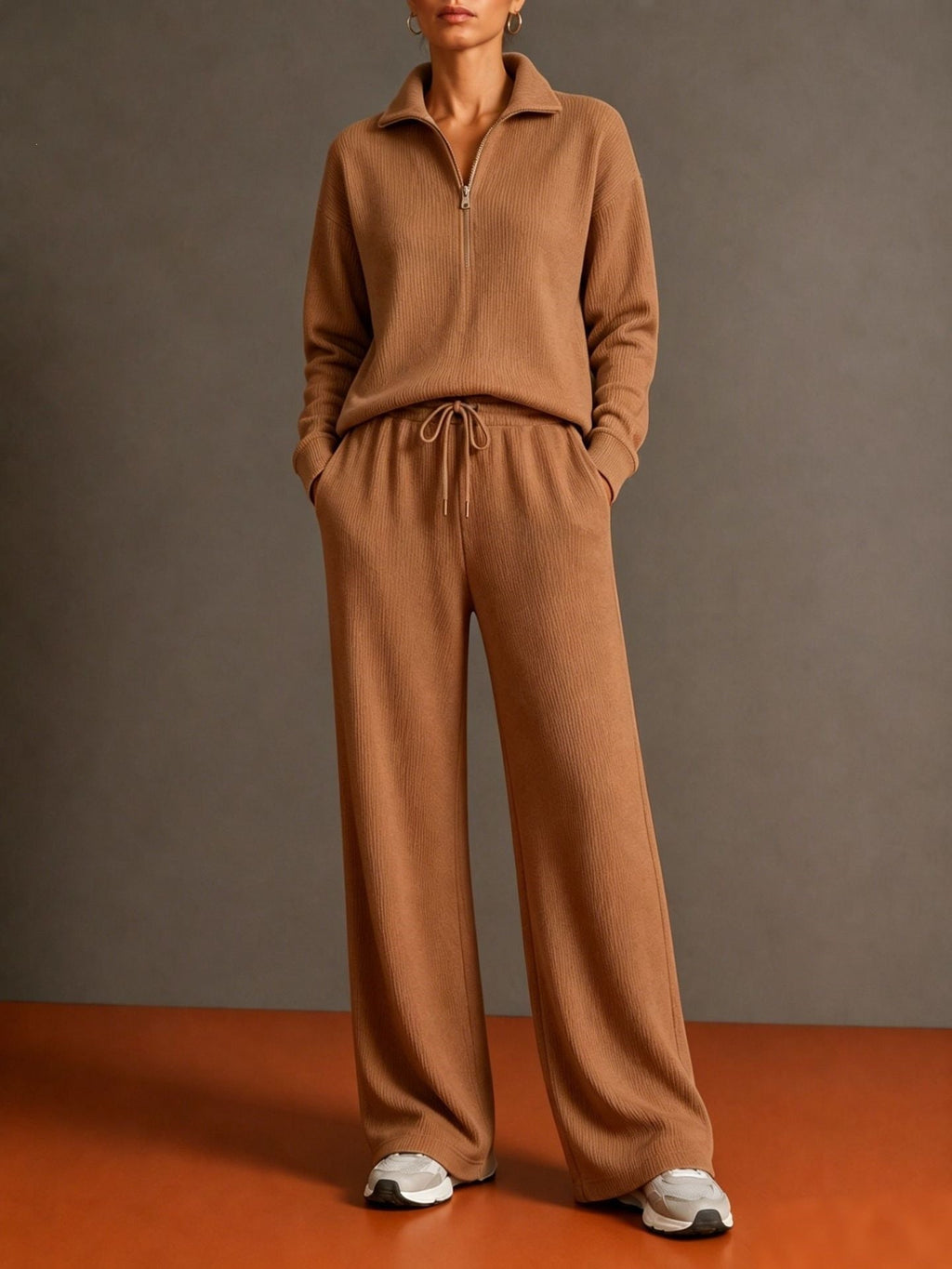 Ensemble de détente en tricot pour femmes avec demi-fermeture éclair, taille élastique et jambes larges - Echo Archiv