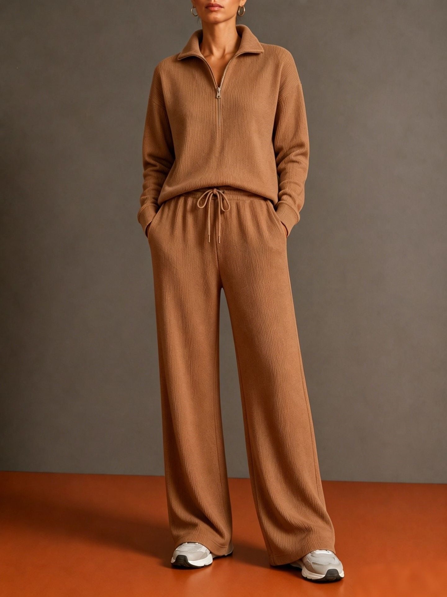 Ensemble de détente en tricot pour femmes avec demi-fermeture éclair, taille élastique et jambes larges - Echo Archiv