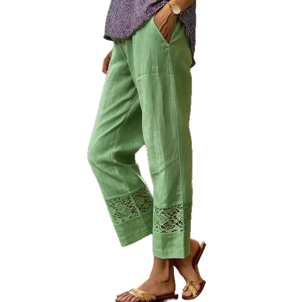 Pantalon léger en lin pour femmes avec accents en dentelle R&B