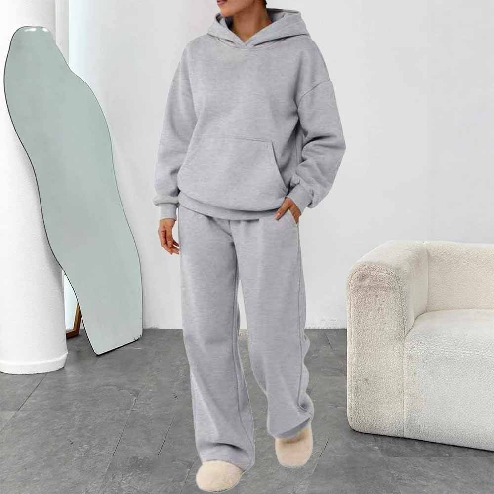 Ensemble de loisirs pour femmes en deux parties avec sweat à capuche, poche kangourou et pantalon de lounge droit en mélange de coton doux Echo Archiv