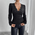 T-shirt à manches longues cintré pour femmes avec décolleté en dentelle plongeant, fronces et ornements en cristal R&B