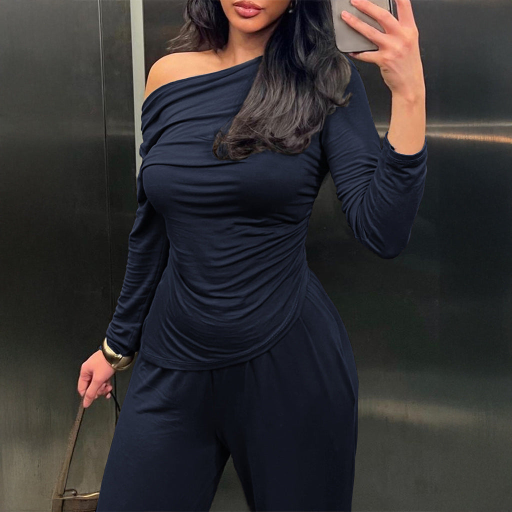 Ensemble en jersey à deux pièces pour femmes avec look drapé asymétrique, top à manches longues et pantalon taille haute ample Echo Archiv
