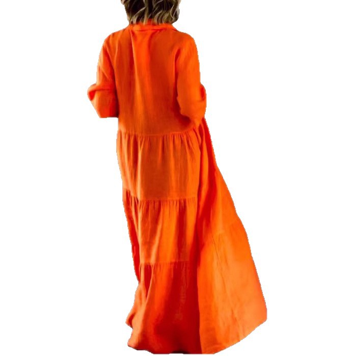 Robe maxi à volants en mélange de lin d'été pour femmes avec col chemise, taille froncée et manches mi-longues R&B