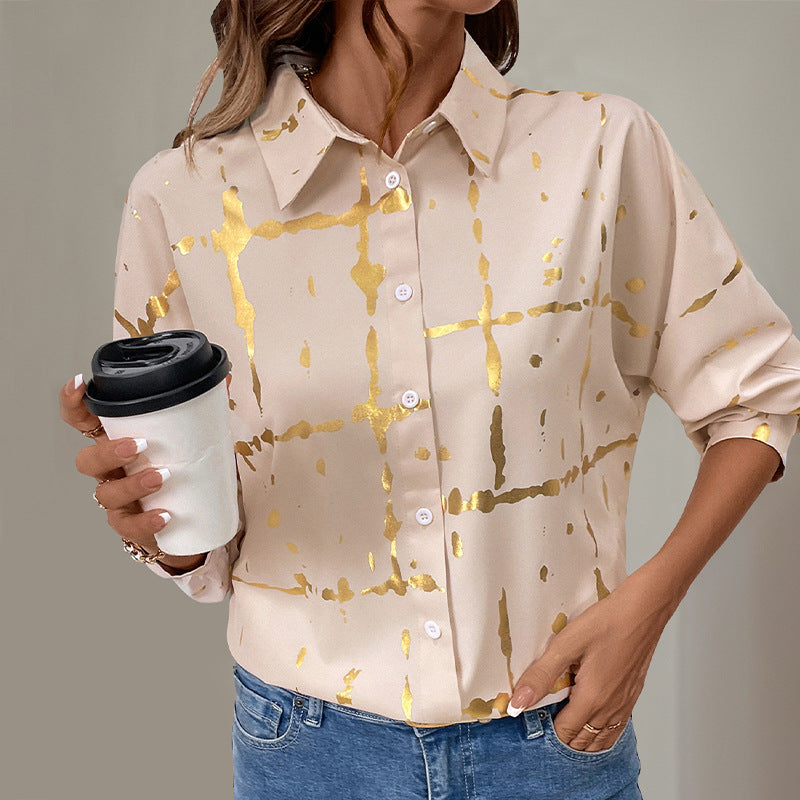 Blouse élégante à manches longues pour femmes avec impression en feuille d'or, col chemise et coupe décontractée Echoarchiv