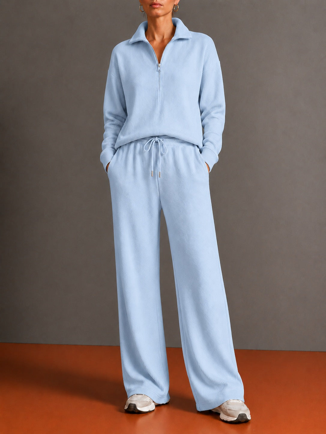 Ensemble de détente en tricot pour femmes avec demi-fermeture éclair, taille élastique et jambes larges - Echo Archiv