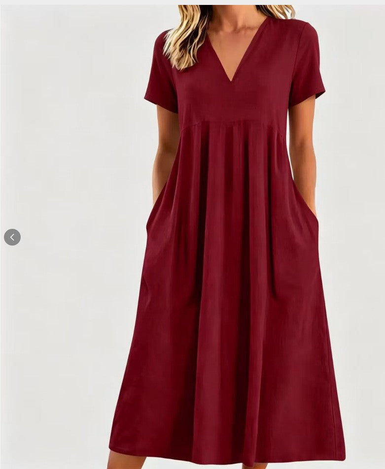 Robe midi à décolleté en V pour femmes avec poches et couture empire froncée R&B