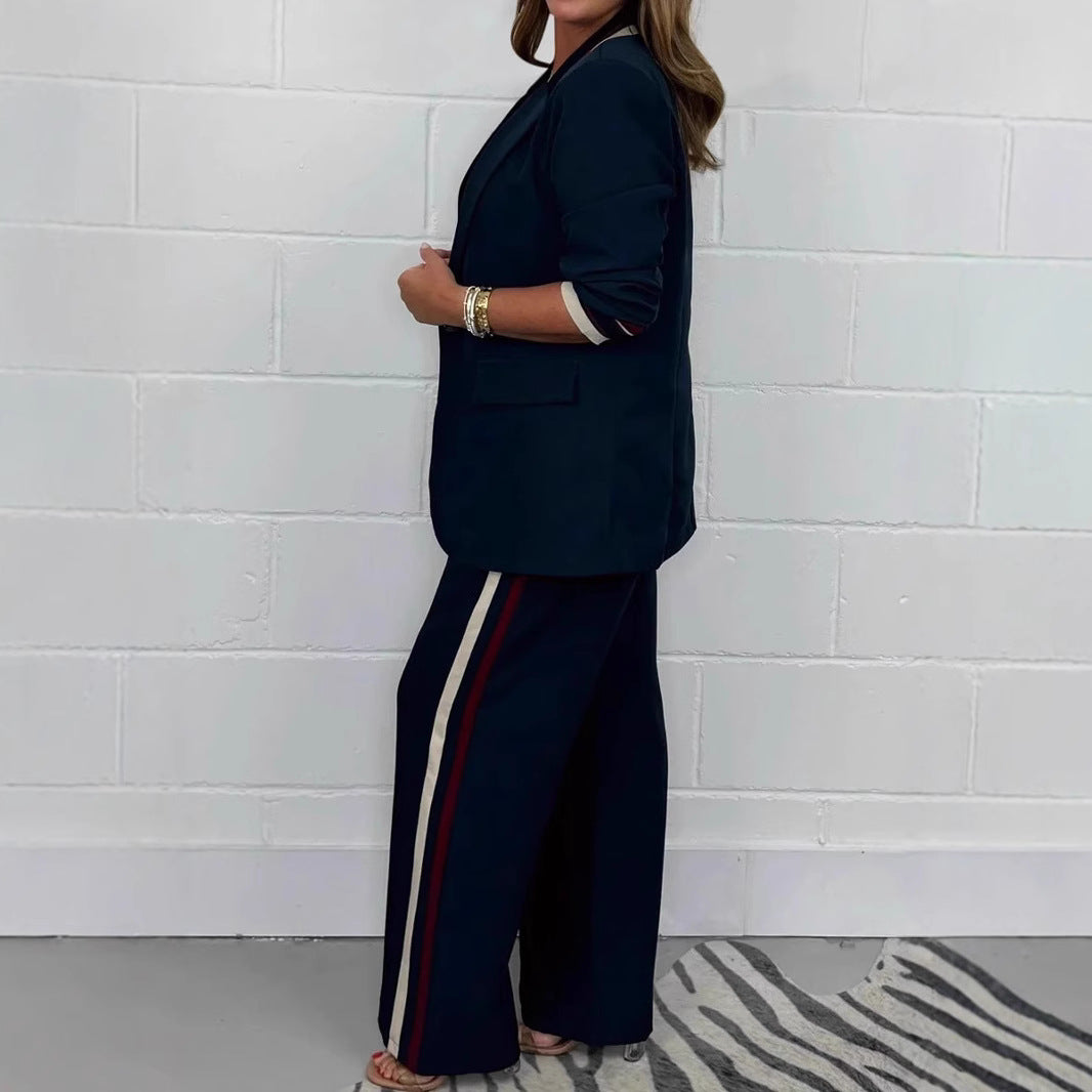 Ensemble pantalon blazer long cintré pour femme avec pli marqué, jambe large et passepoil latéral R&B