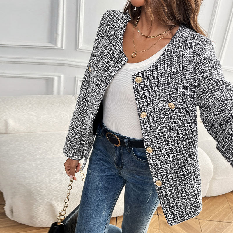 Veste Bouclé Élégante avec Boutons Dorés pour Femmes
