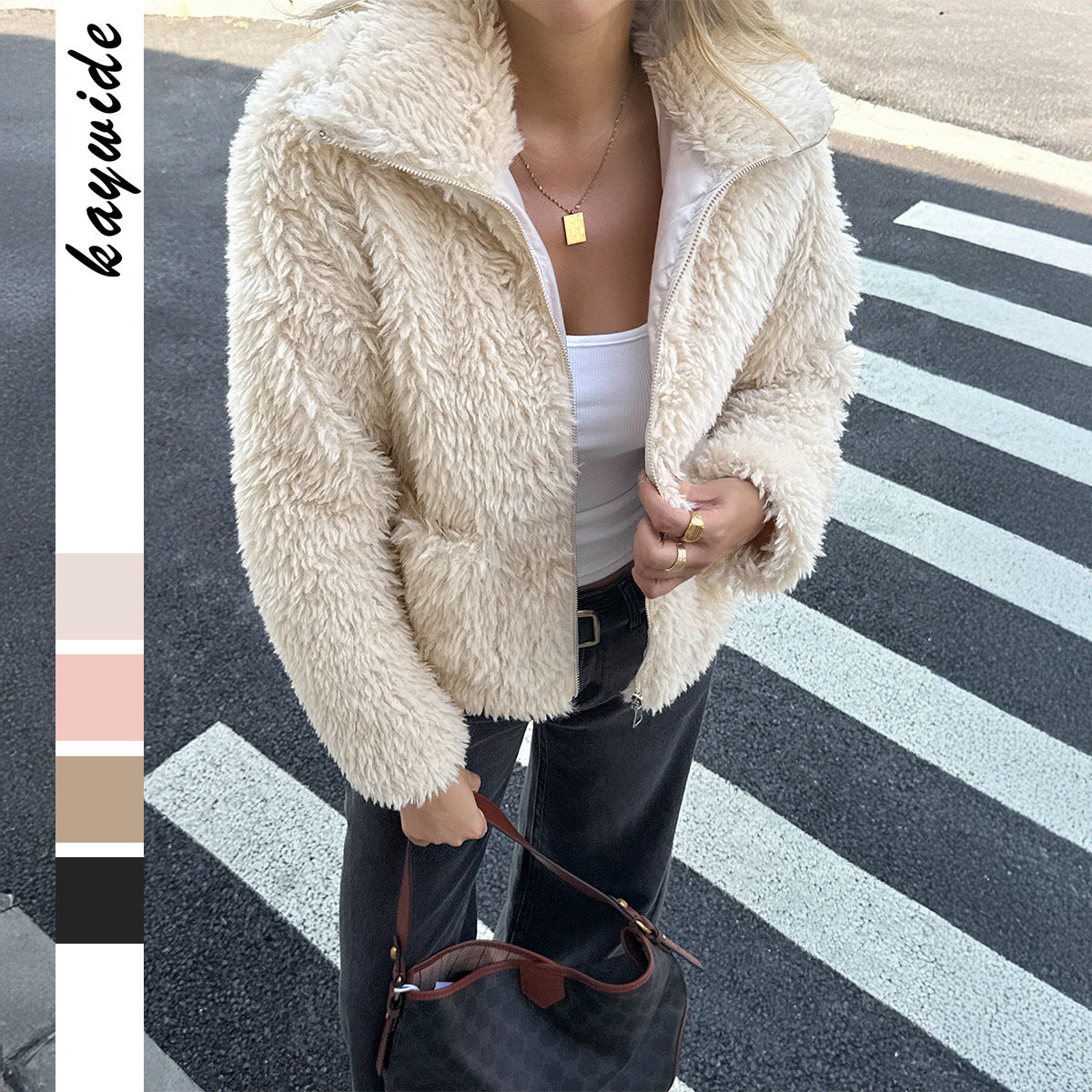 Veste teddy femme avec fermeture éclair, col montant, poches plaquées et coupe courte Echo Archiv