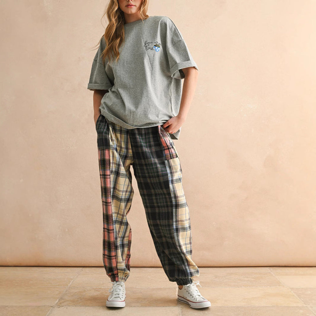 Pantalon de confort à carreaux pour femmes avec taille élastique R&B