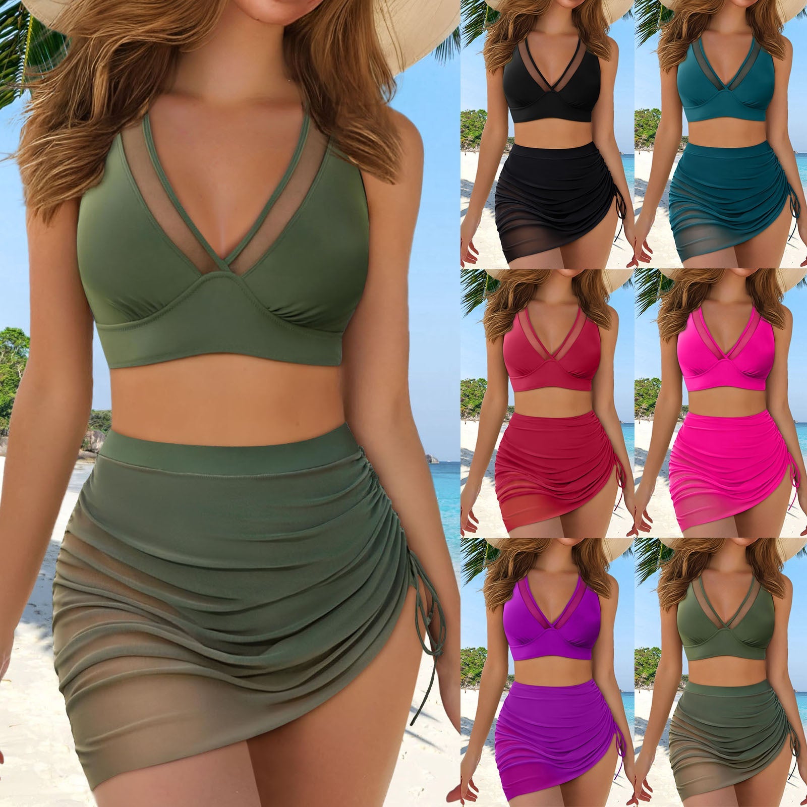 Haut de bikini de sport pour femmes avec inserts transparents et jupe portefeuille R&B