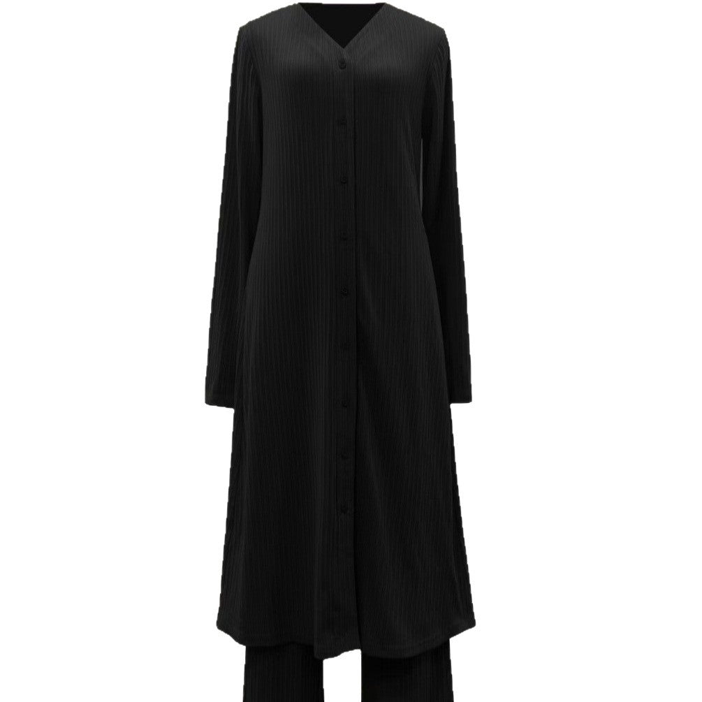 Ensemble tunique à boutons pour femmes avec silhouette droite, manches longues et large pantalon palazzo