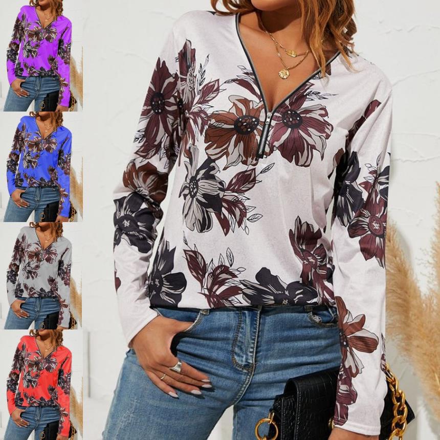 T-shirt à manches longues pour femmes avec fermeture éclair en V et grand motif floral Echoarchiv