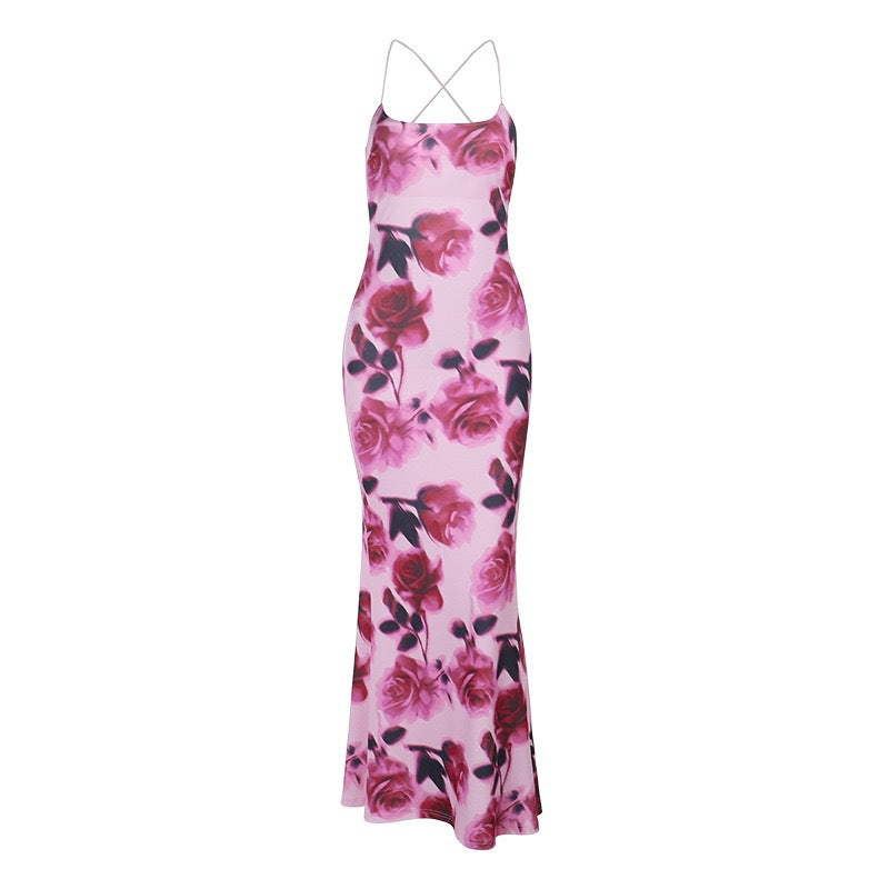 Robe maxi d'été pour femmes avec imprimé floral et fines bretelles R&B