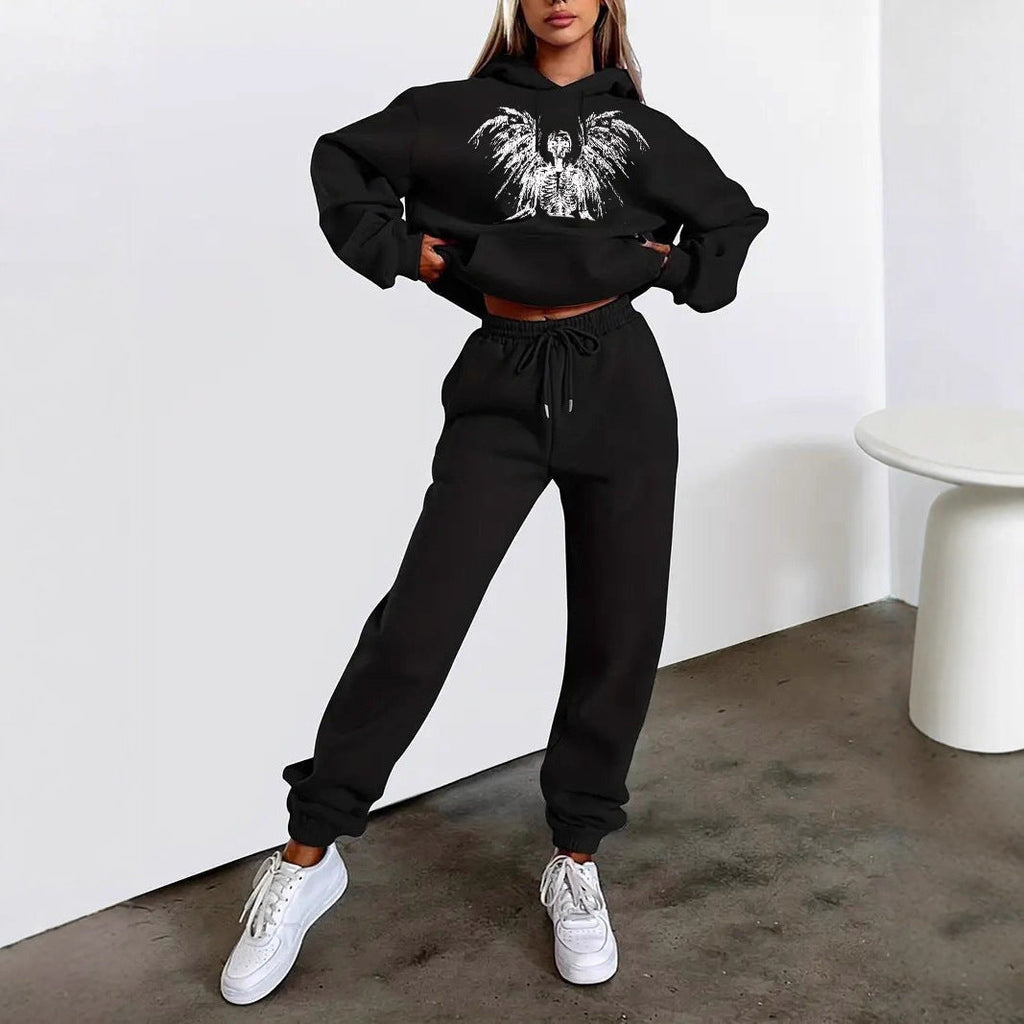 Ensemble de lounge pour femmes en deux parties, sweat à capuche court et jogging taille haute avec motif d'ange et taille élastique Echo Archiv