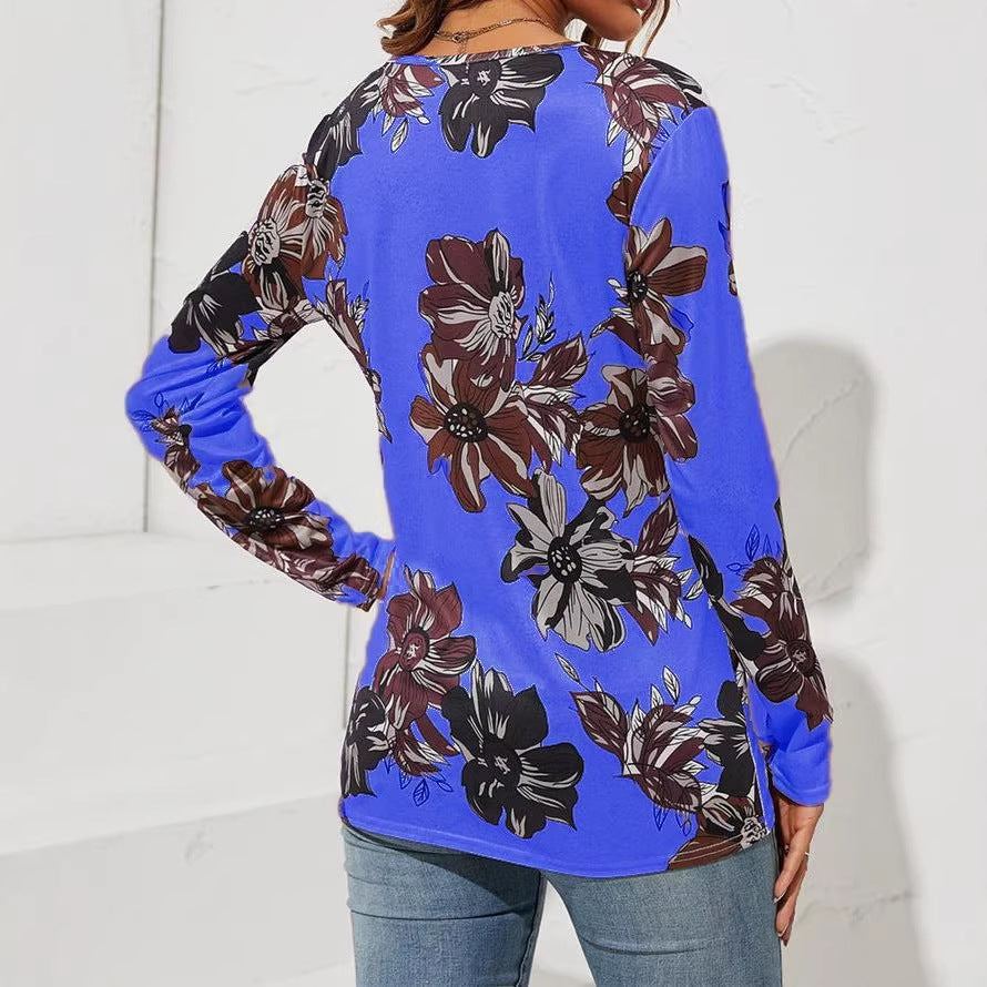 T-shirt à manches longues pour femmes avec fermeture éclair en V et grand motif floral Echoarchiv