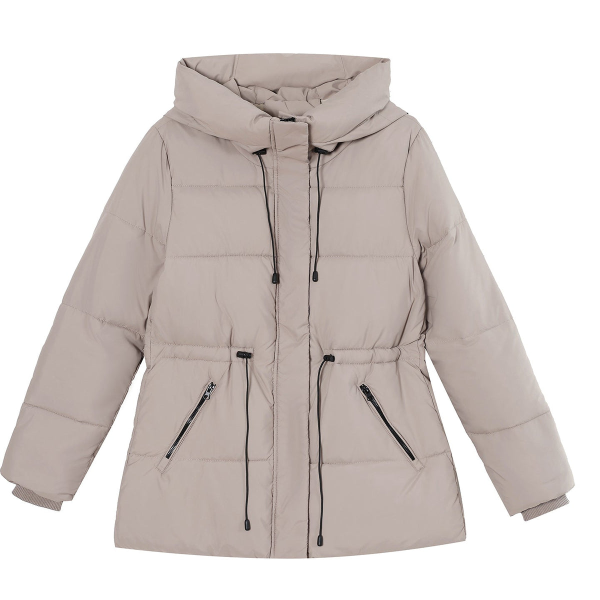 Parka à capuche matelassé pour femmes avec cordon de serrage ajustable à la taille, fermeture éclair cachée et bords côtelés Echo Archiv