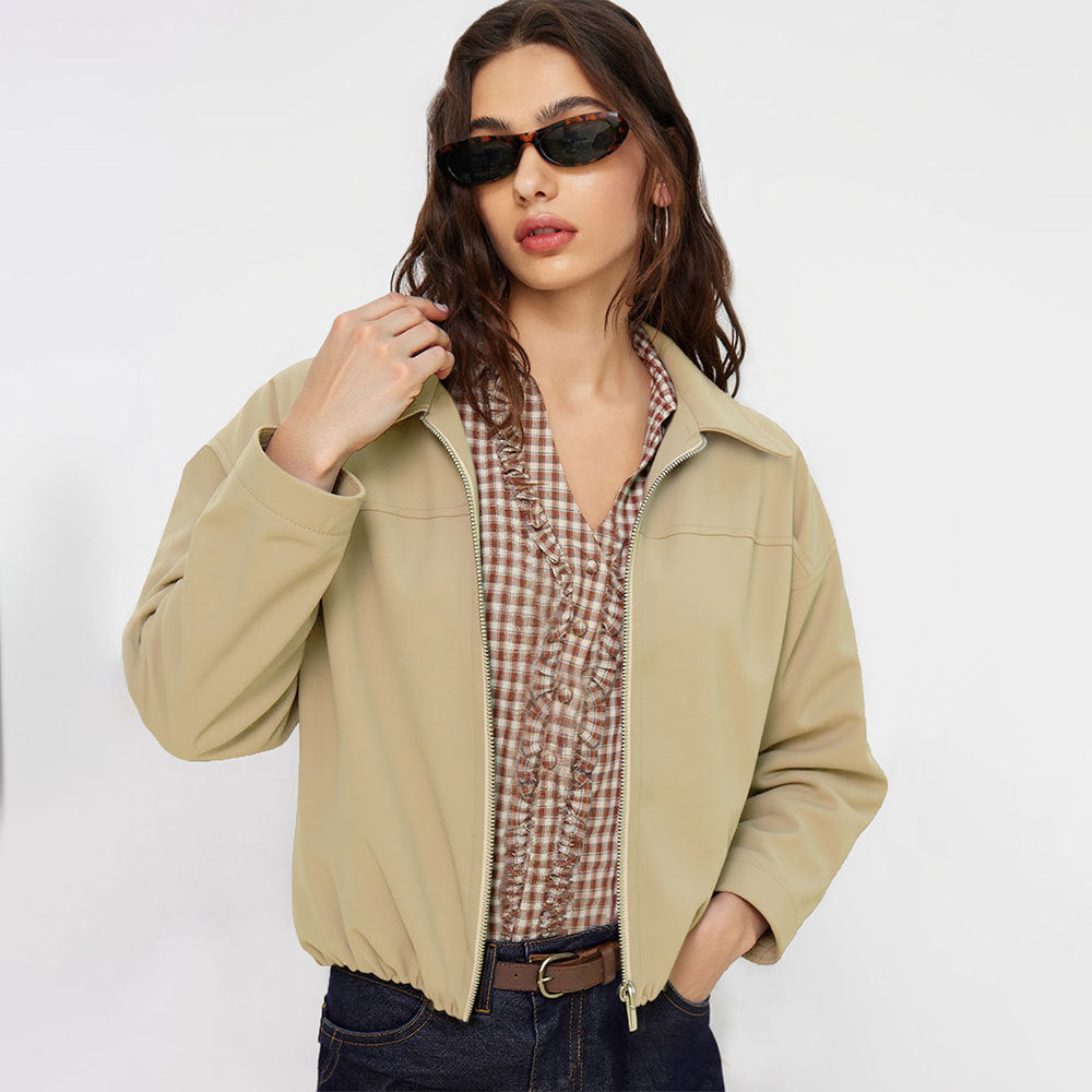 Veste bomber courte oversize pour femmes avec fermeture éclair, col léger et ourlet élastique