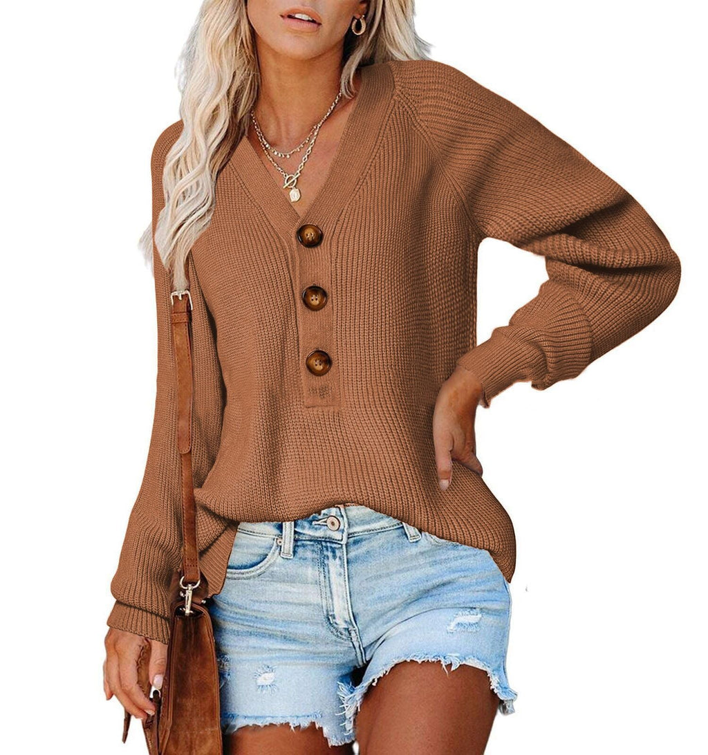 Pull en tricot côtelé pour femmes avec décolleté en V, patte de boutonnage décorative et manches ballon Echoarchiv