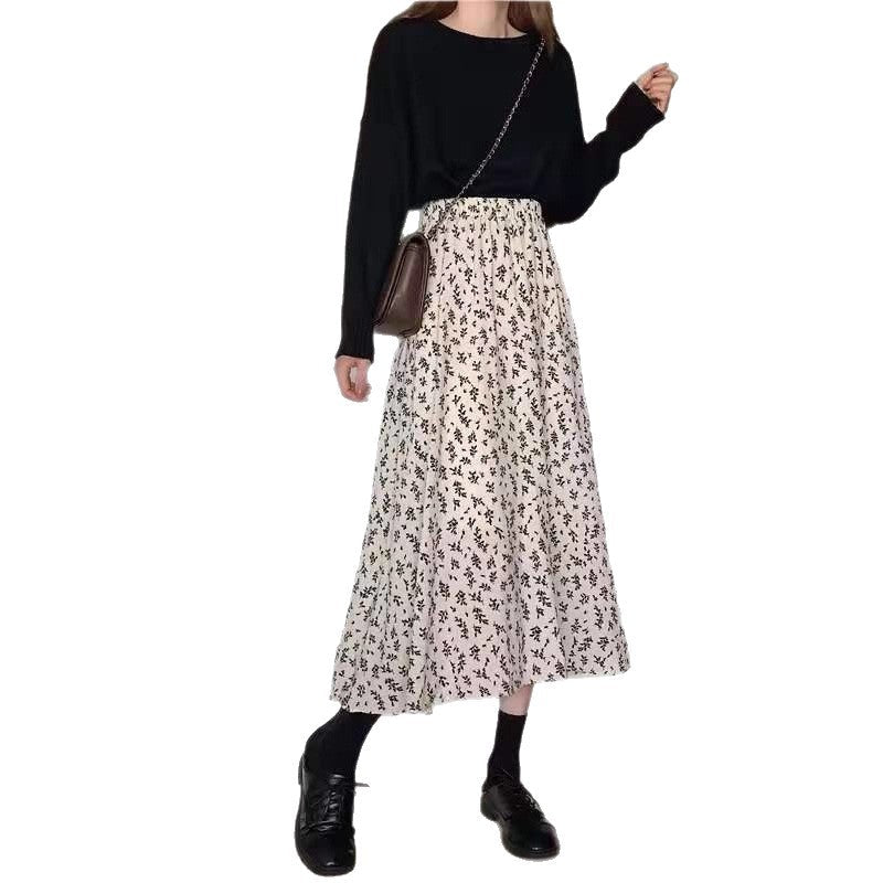 Jupe midi femme avec imprimé floral, taille cintrée à volants et qualité plissée légère