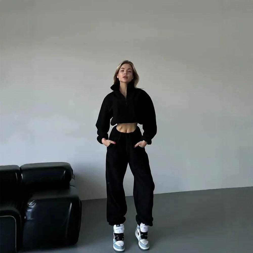 Sweat-shirt cropped en polaire pour femmes avec demi-zip et cordon de serrage Echoarchiv
