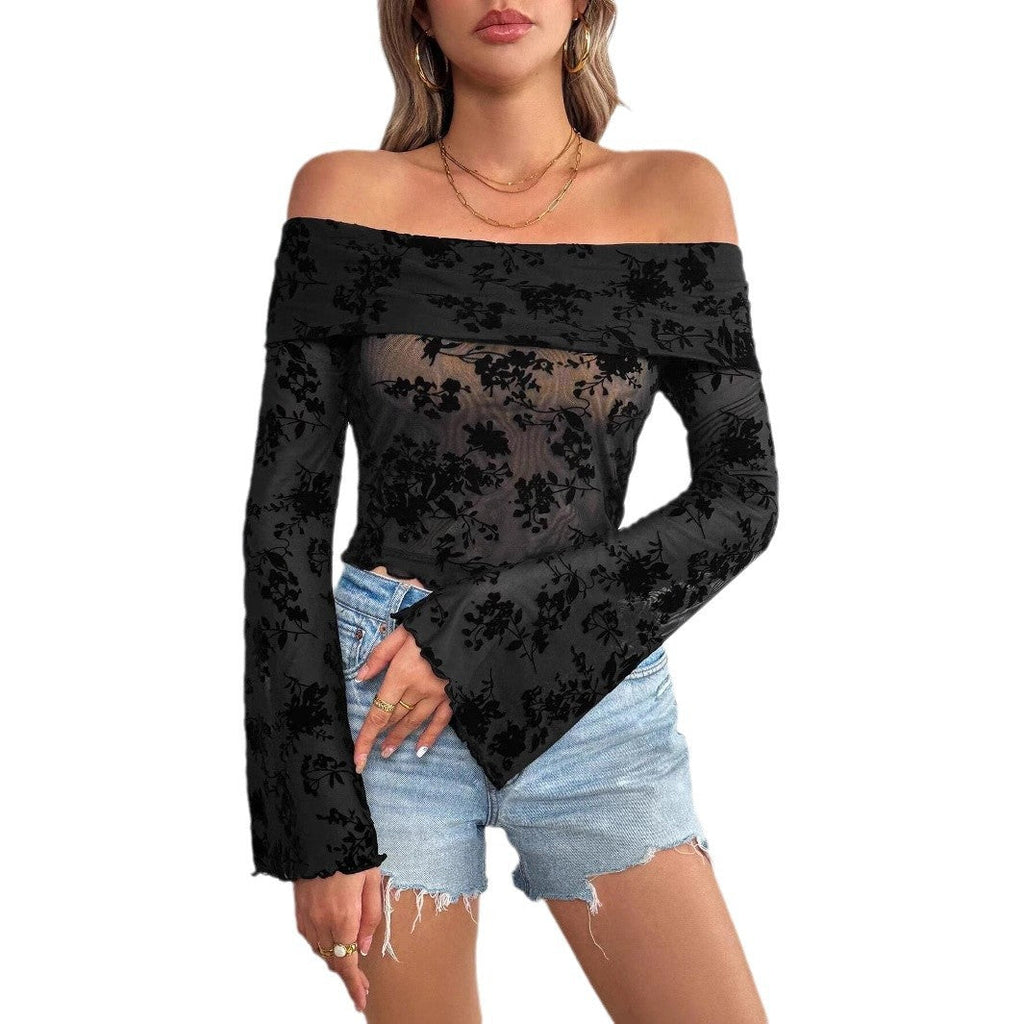 Top en résille sans manches pour femmes avec application en velours floral, coupe courte et manches trompette R&B