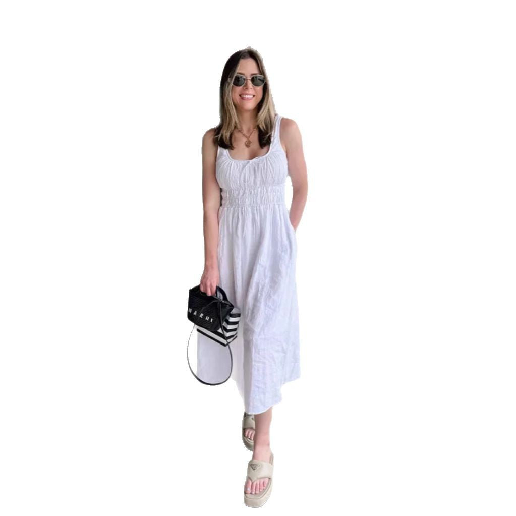 Robe midi en look lin avec bustier froncé, taille élastique et larges bretelles R&B