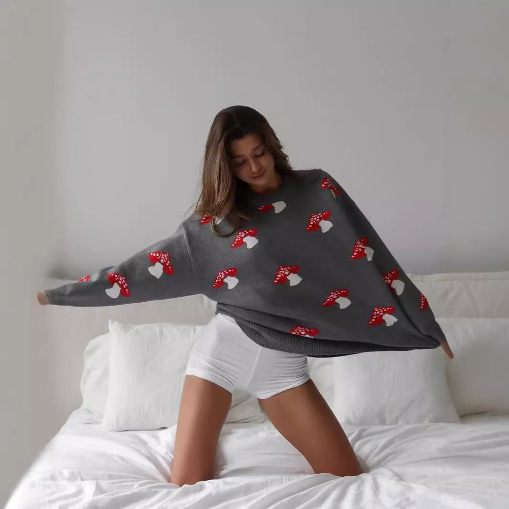Pull en tricot pour femmes avec motif de champignon, encolure ronde, bords côtelés, Echo Archive