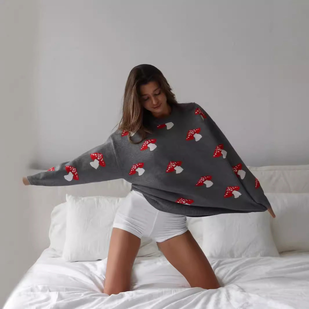 Pull en tricot pour femmes avec motif de champignon, encolure ronde, bords côtelés, Echo Archive