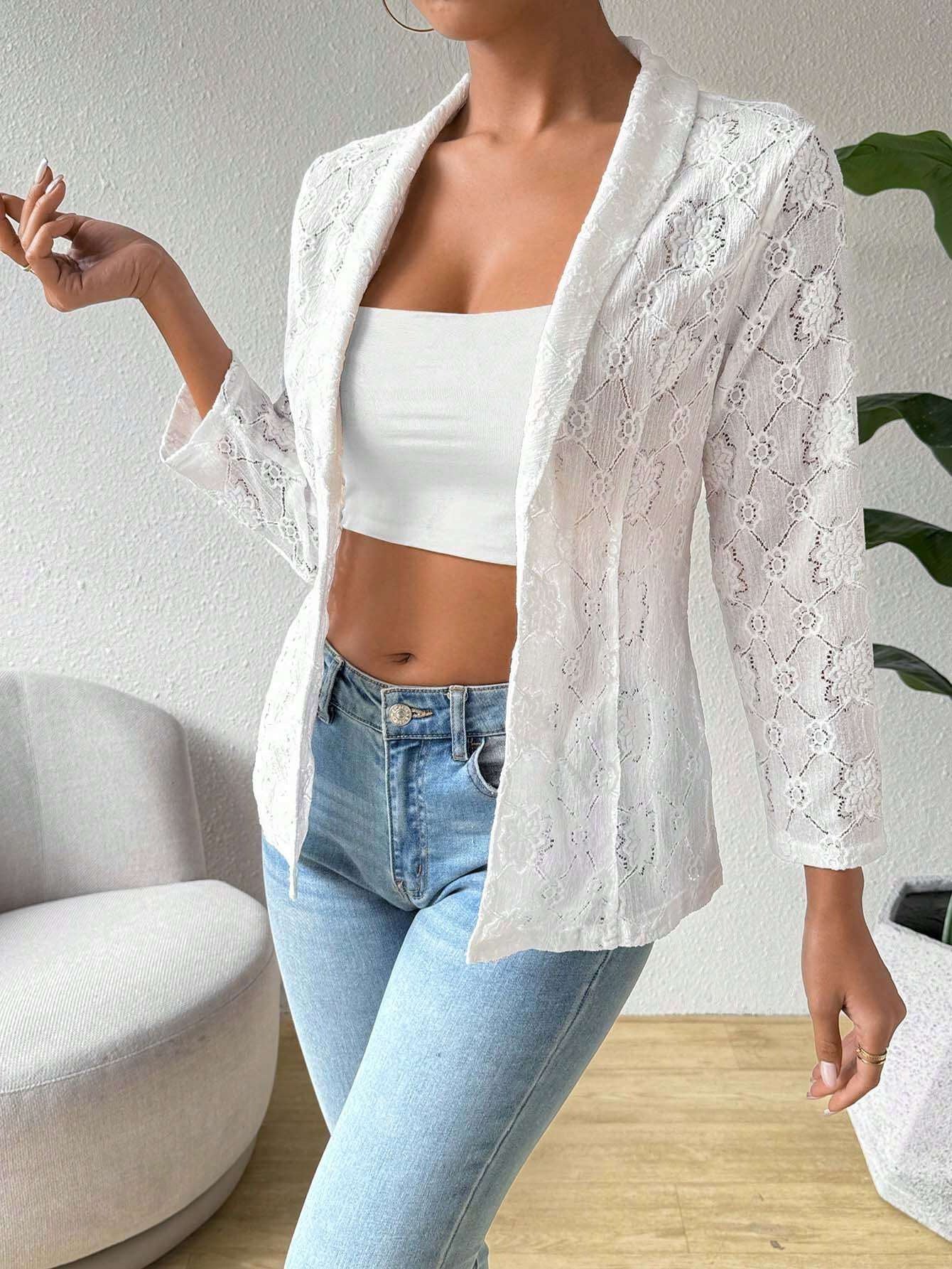 Blazer en dentelle transparente pour femmes avec col châle et manches trois-quarts R&B