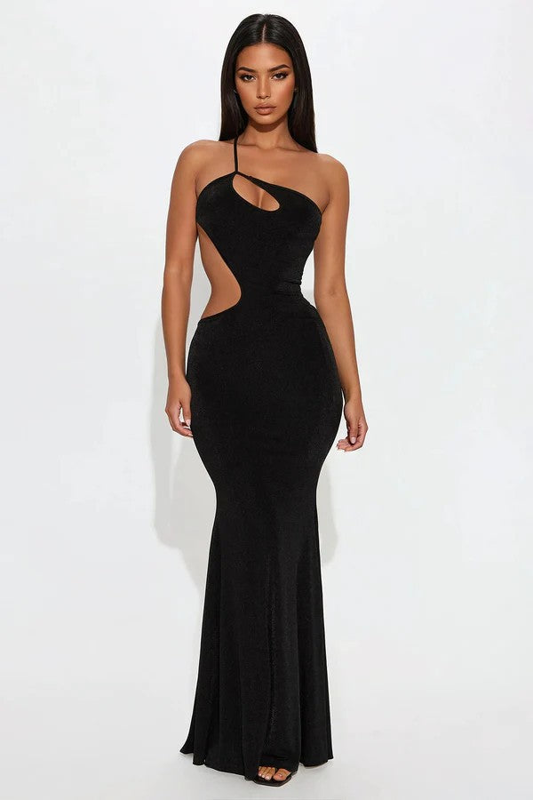 Robe maxi ajustée pour femmes avec décolleté plongeant et détails découpés R&B