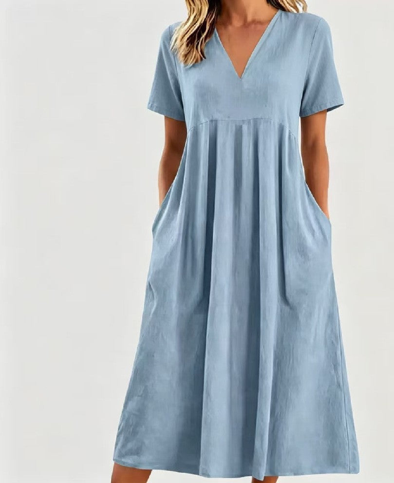Robe midi à décolleté en V pour femmes avec poches et couture empire froncée R&B