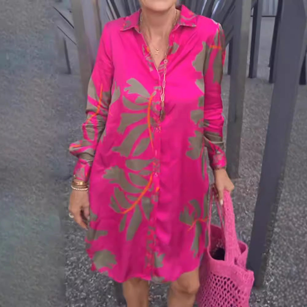 Robe chemise à manches longues pour femmes, tombé décontracté, avec boutonnière intégrale, col de chemise, manches avec poignets et grand imprimé botanique R&B