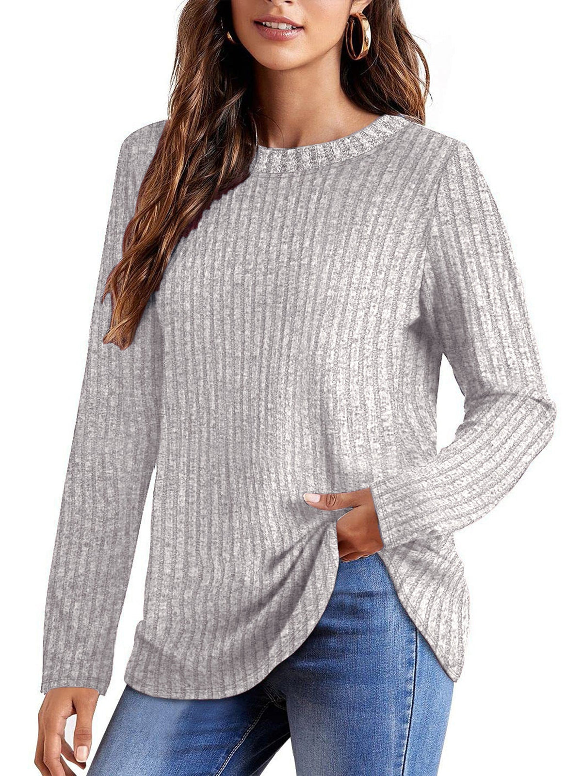 T-shirt long en maille fine côtelée pour femmes avec col rond et ourlet asymétrique