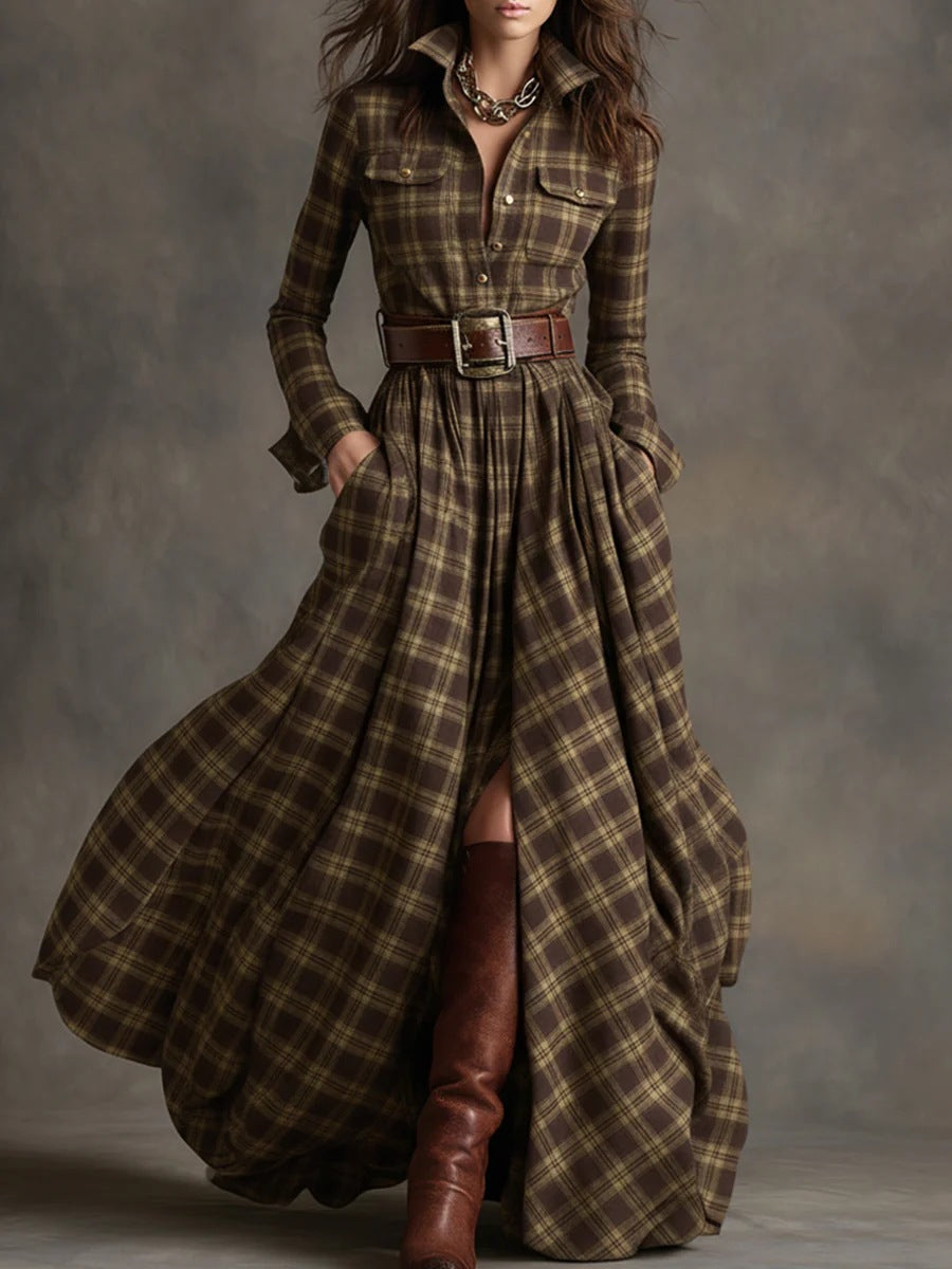 Robe Maxi à Carreaux pour Femmes avec Haut de Chemise, Taille Cintrée et Poches Latérales Echoarchiv