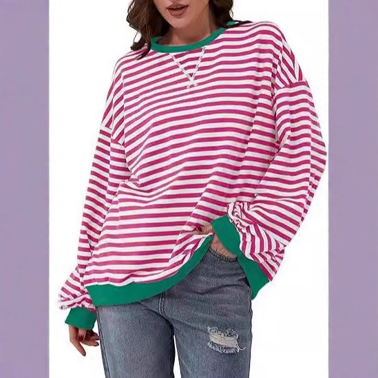 Sweat-shirt à rayures oversize décontracté pour femmes avec manches raglan et bords contrastés Echoarchiv