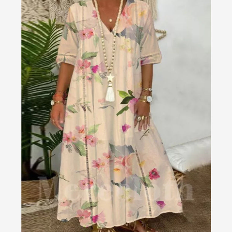 Robe mi-longue kaftan fluide pour femmes avec décolleté en V, bandes ajourées et qualité légère en mélange de lin R&B