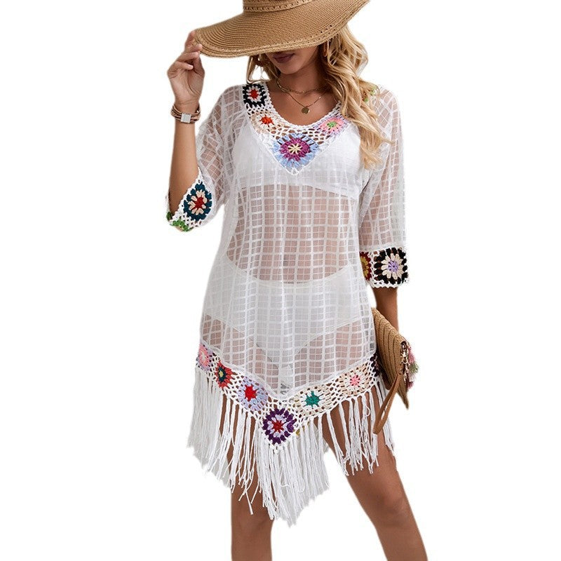 Paréo élégant et transparent pour femmes avec des ornements en crochet à franges R&B