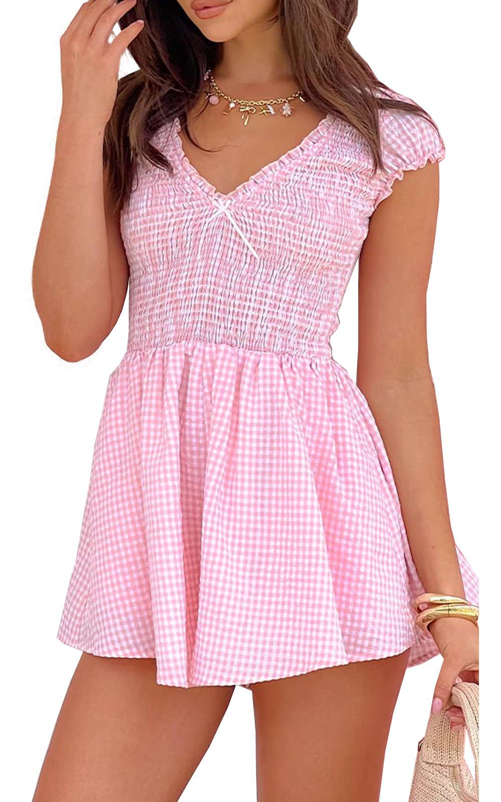 Robe courte froncée pour femmes avec décolleté en V et détails en volants R&B