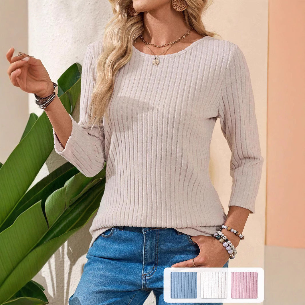 Pull fin côtelé pour femmes avec manches trois-quarts et col rond Echoarchiv