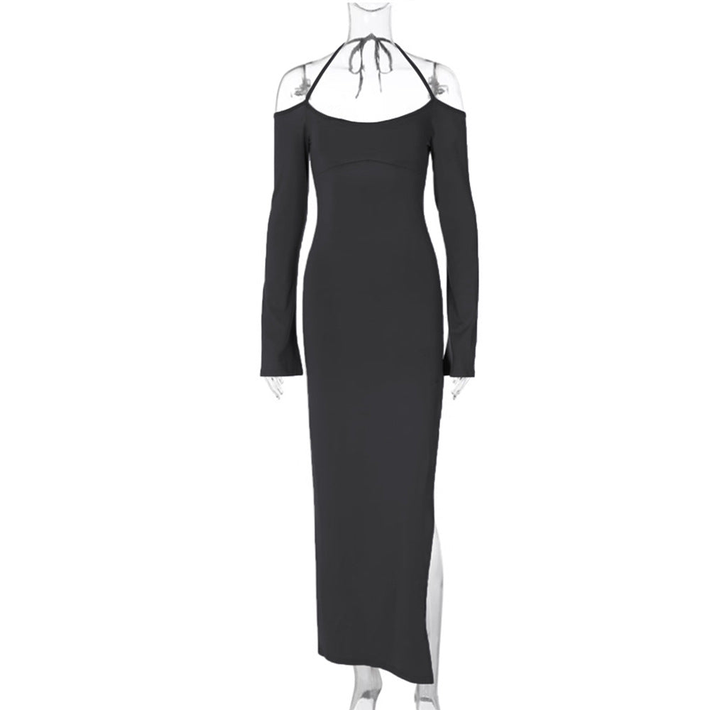Robe de soirée longue pour femmes avec col halter et manches cloche sans épaules, cintrée à la taille avec un fente haute sur le côté