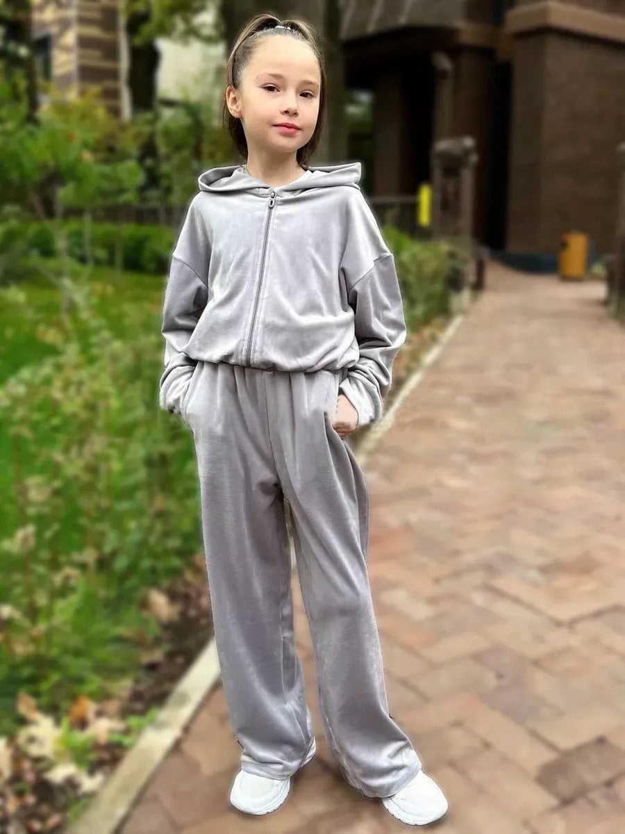 Ensemble de jogging à capuche en velours pour femmes avec fermeture éclair intégrale, ceinture élastique à cordon et jambe droite