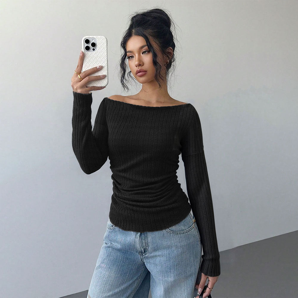 T-shirt à manches longues côtelé sans épaules pour femmes avec fronces ajustées et stretch sculptant