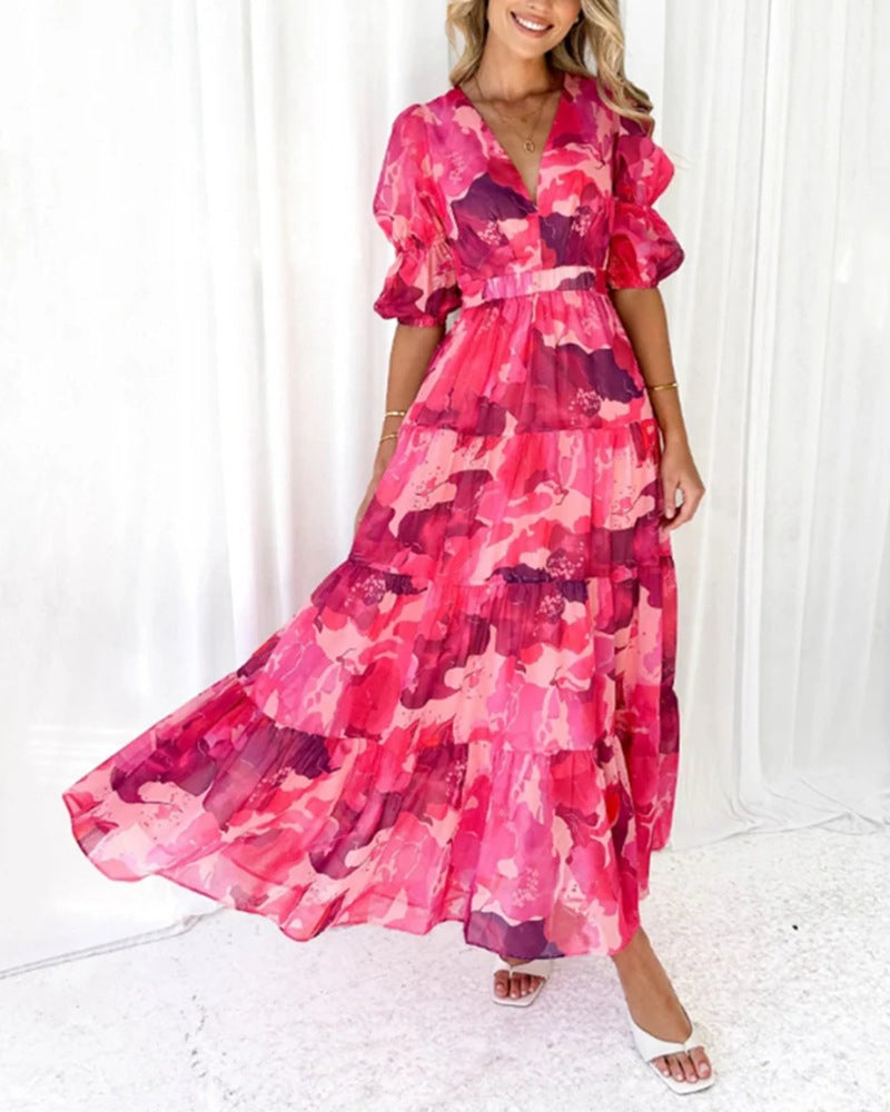 Robe maxi à volants pour femmes avec décolleté en V et taille empire froncée R&B