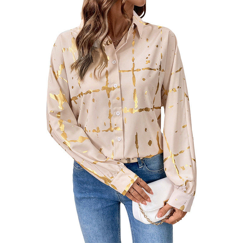 Blouse élégante à manches longues pour femmes avec impression en feuille d'or, col chemise et coupe décontractée Echoarchiv
