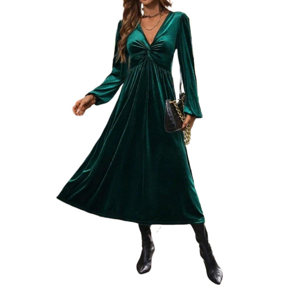 Robe midi en velours pour femmes avec bustier torsadé et jupe évasée