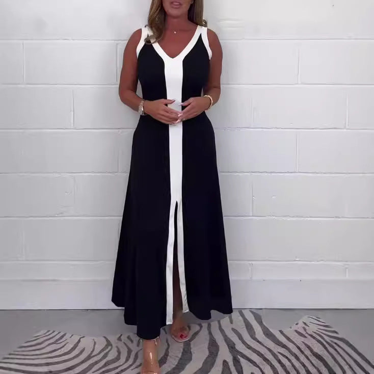 Robe femme cintrée à décolleté en V avec empiècement contrasté et fente centrale R&B