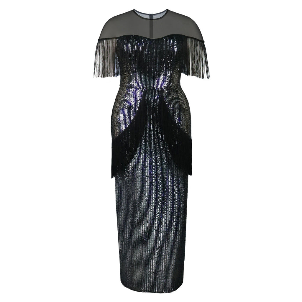 Robe de soirée glamour pour femmes avec franges et tissu scintillant R&B