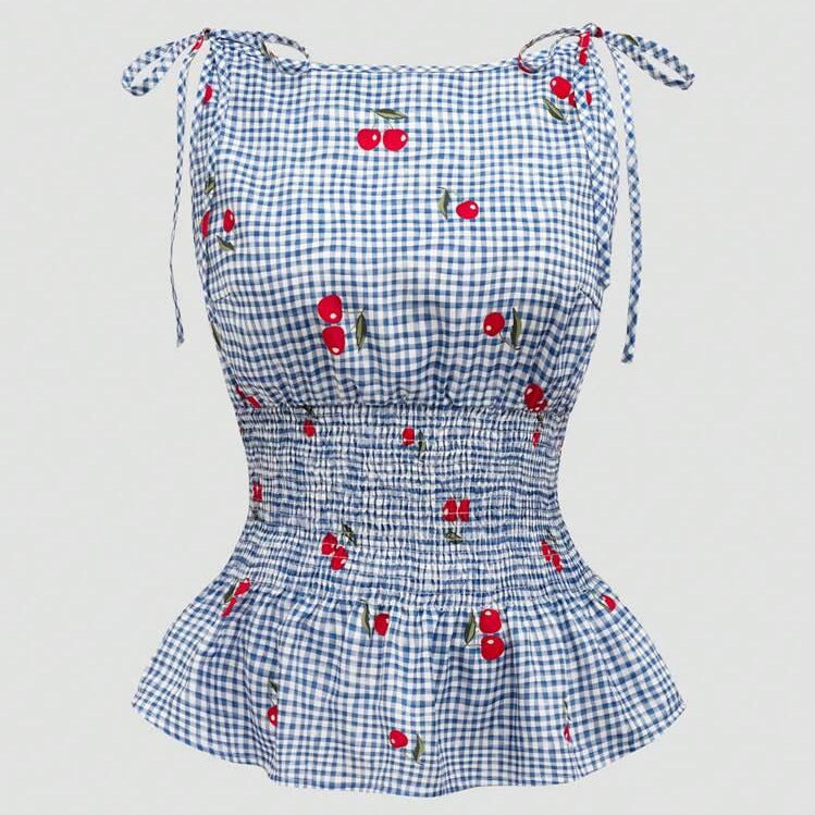 Blouse femme avec motif floral à carreaux et ourlet à volants R&B